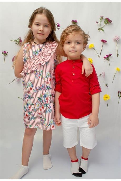 Kız Erkek Kombin Kırmızı Gömlek Kapri 2'li Takım KIRMIZI 6 Yaş