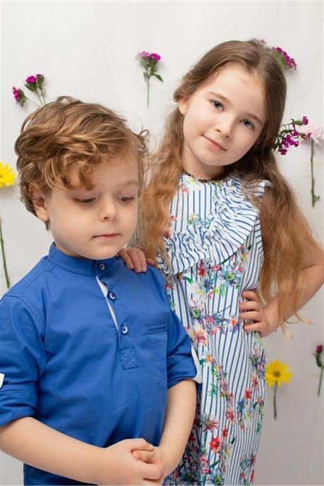 Kız Erkek Kombin Kırmızı Gömlek Kapri 2'li Takım MAVİ 4 Yaş