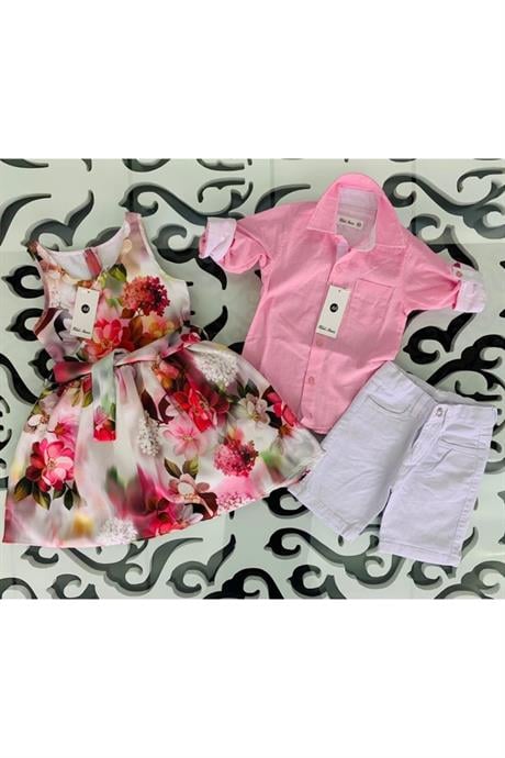 Kız Erkek Kombin Renkli Gömlek Beyaz Şort 2'li Takım PEMBE 12 Yaş