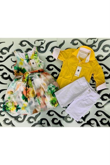 Kız Erkek Kombin Renkli Gömlek Beyaz Şort 2'li Takım SARI 6 Yaş