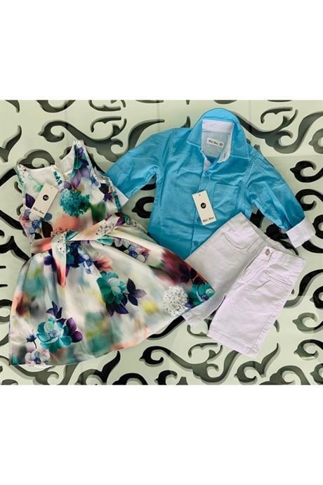Kız Erkek Kombin Renkli Gömlek Beyaz Şort 2'li Takım mavi 12 Yaş