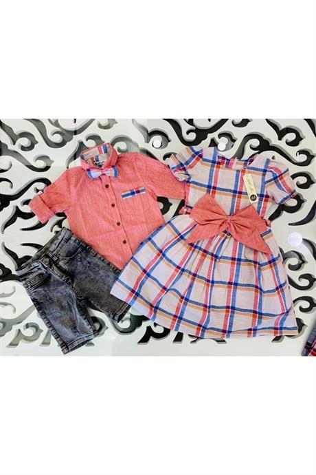 Kız Erkek Krem Kombin Papyonlu Gömlek Kot Şort Takım KREM 2-4 Yaş