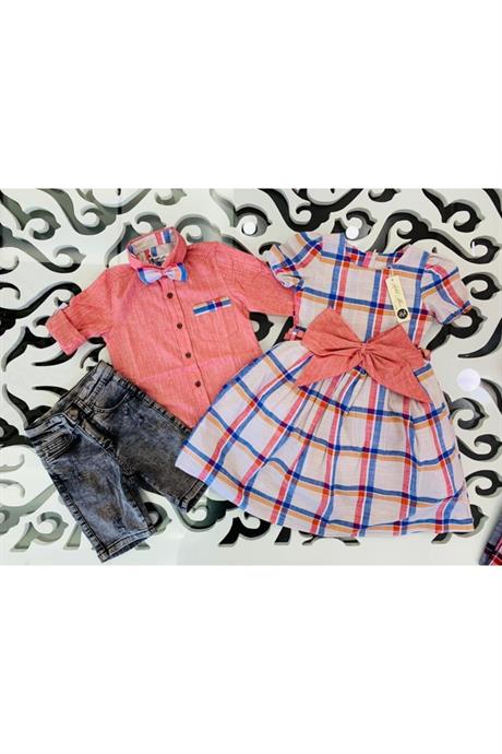 Kız Erkek Krem Kombin Papyonlu Gömlek Kot Şort Takım KREM 12 Yaş