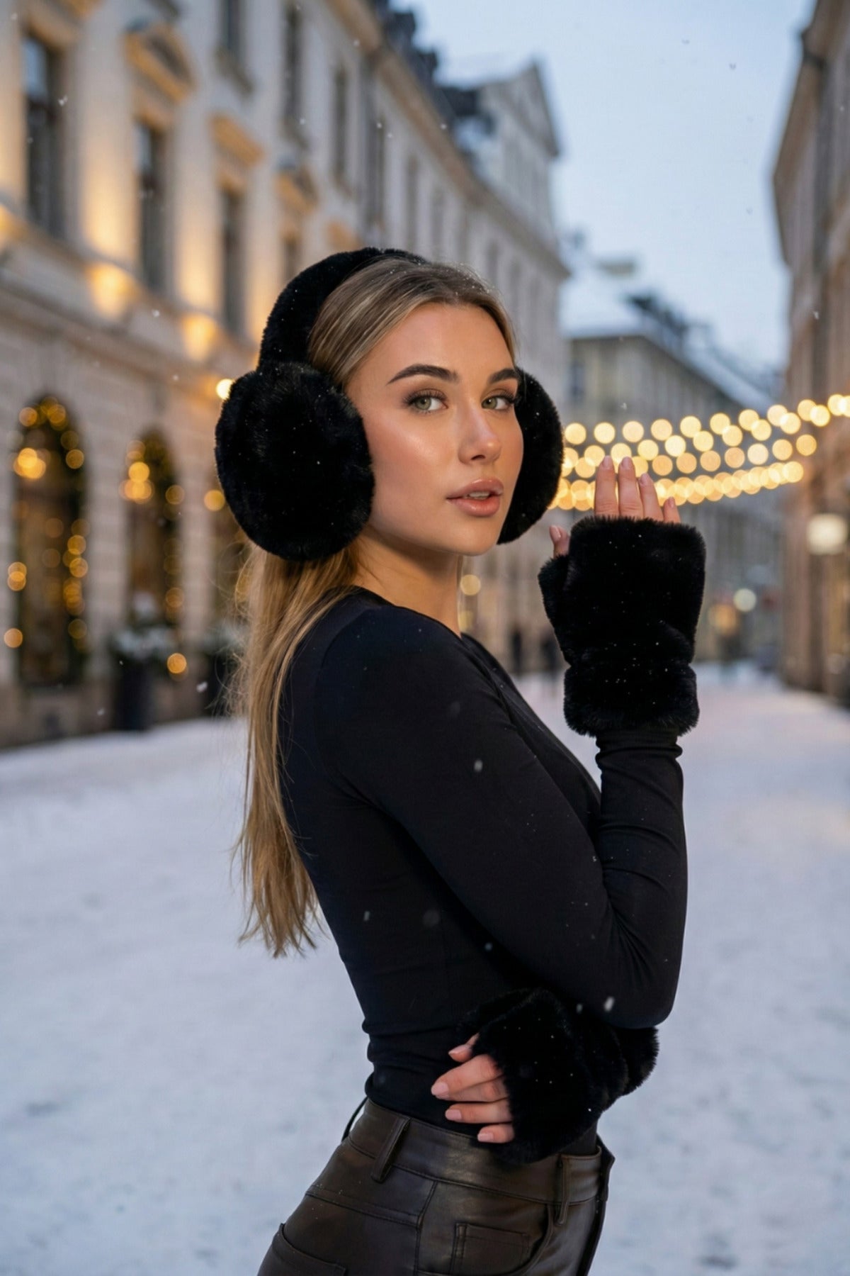 İthal Siyah Peluş Eldiven Kulaklık Set