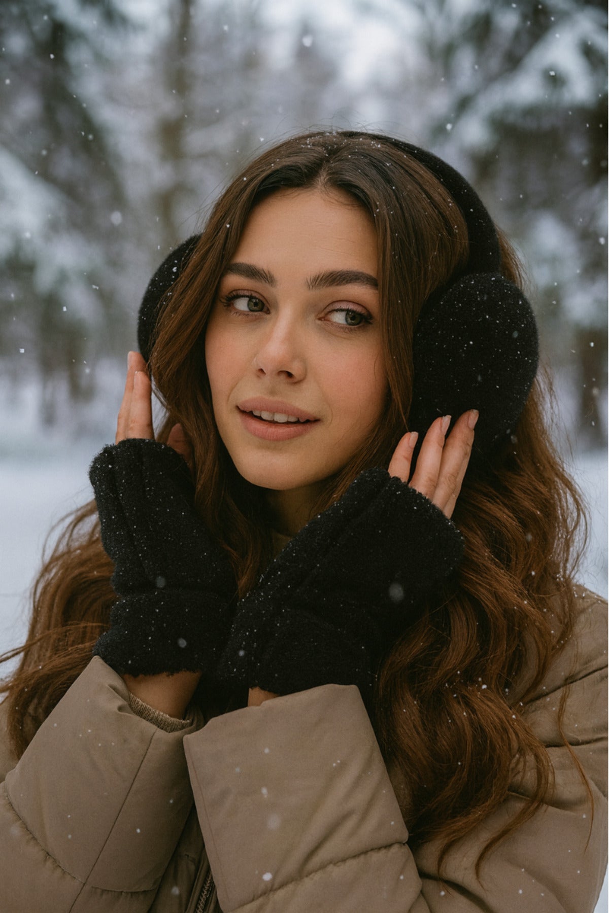 İthal Siyah Peluş Eldiven Kulaklık Set