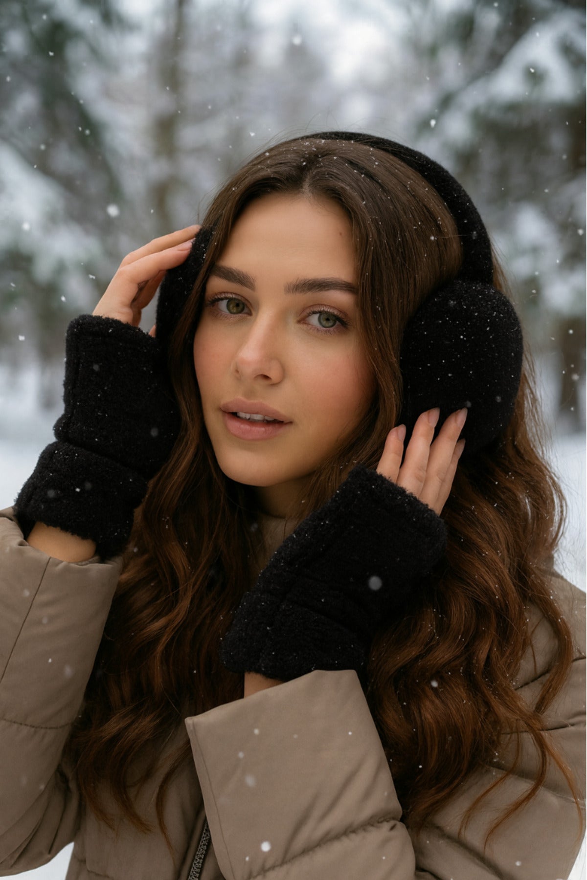 İthal Siyah Peluş Eldiven Kulaklık Set