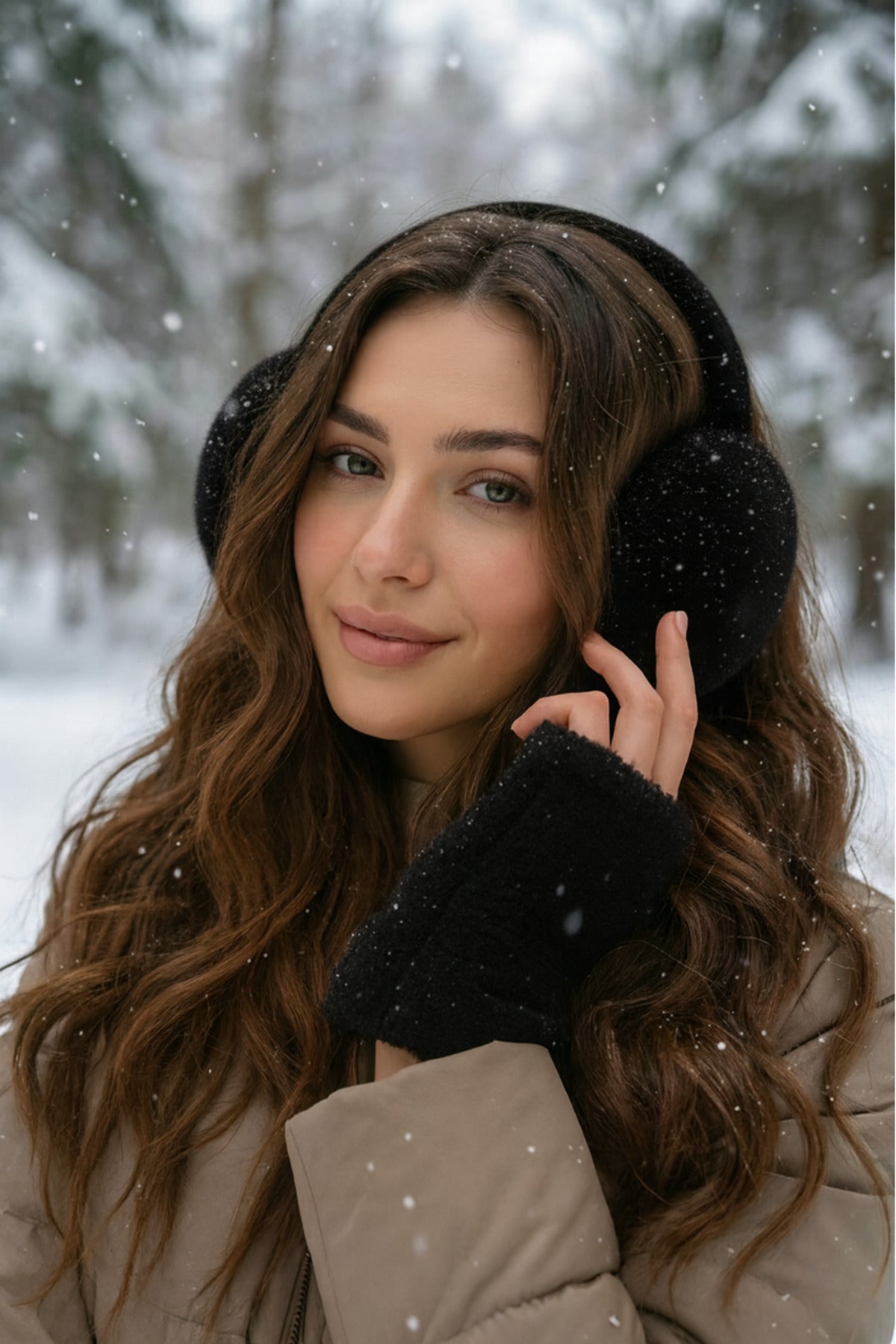 İthal Siyah Peluş Eldiven Kulaklık Set