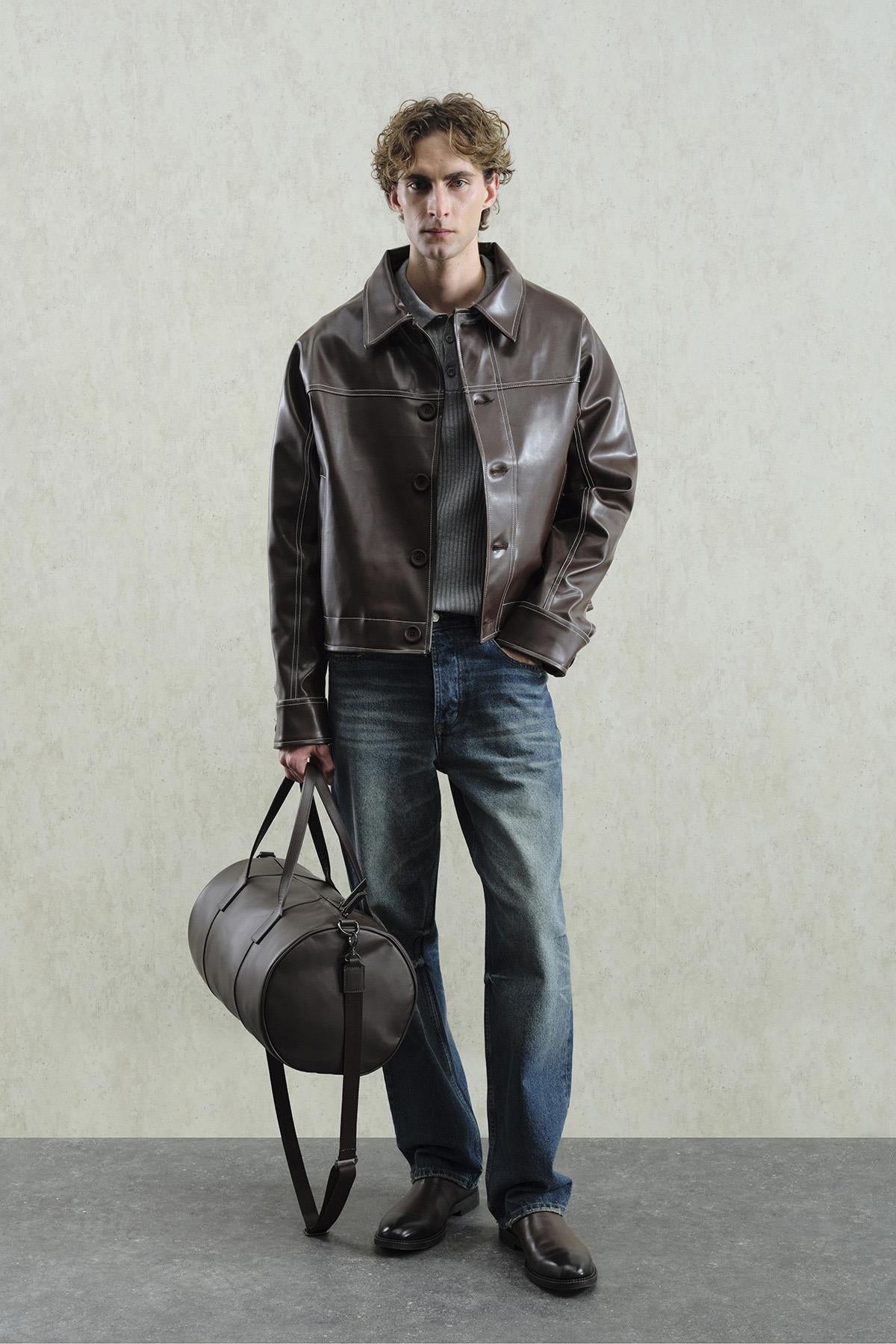 KONTRAST DİKİŞ DETAYLI KAHVERENGİ DERİ CEKET