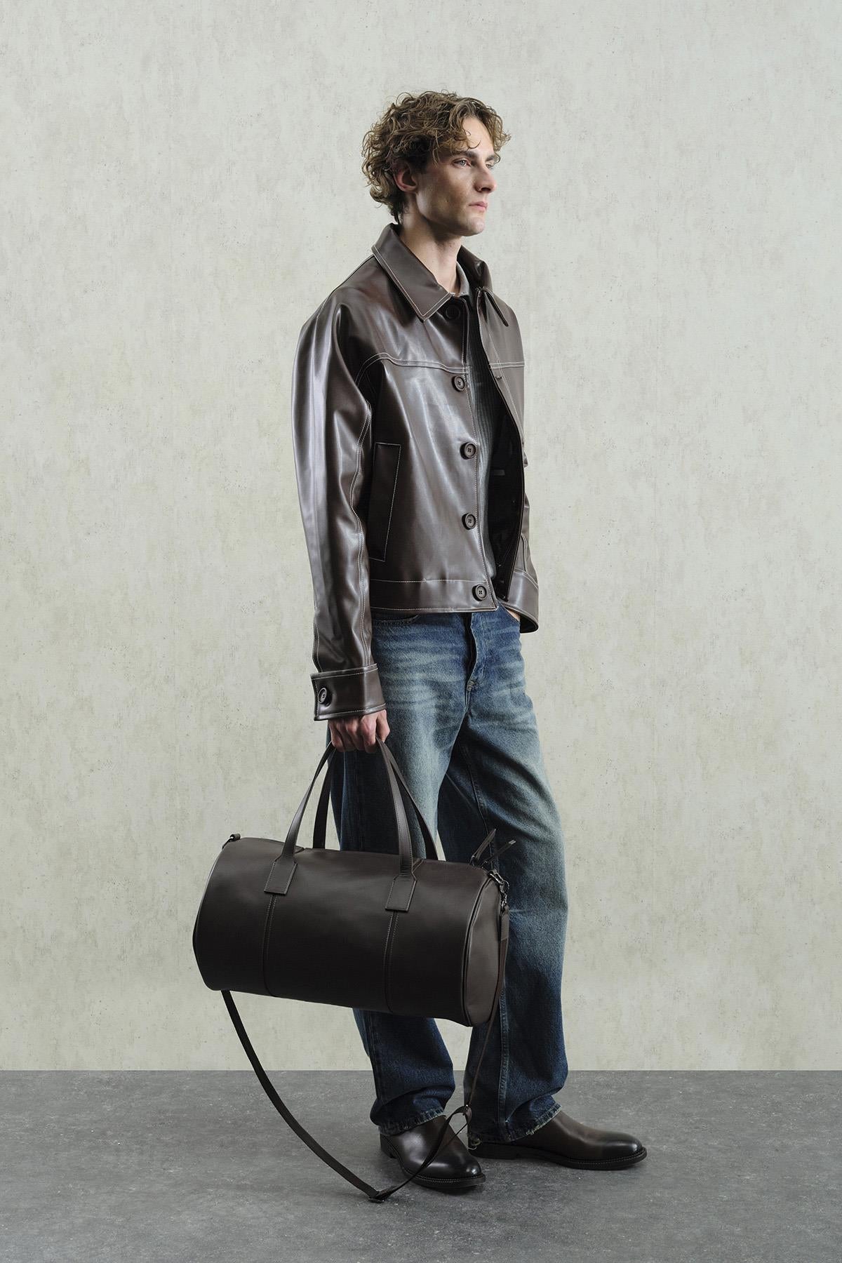 KONTRAST DİKİŞ DETAYLI KAHVERENGİ DERİ CEKET