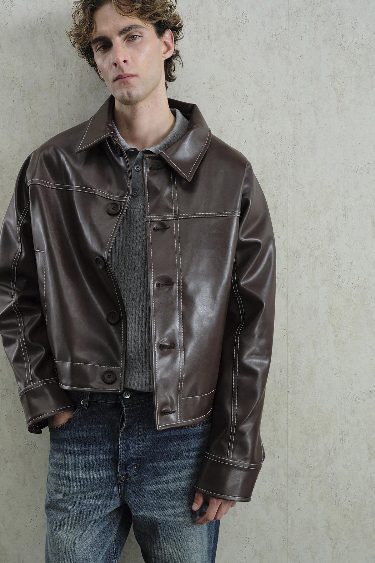 KONTRAST DİKİŞ DETAYLI KAHVERENGİ DERİ CEKET