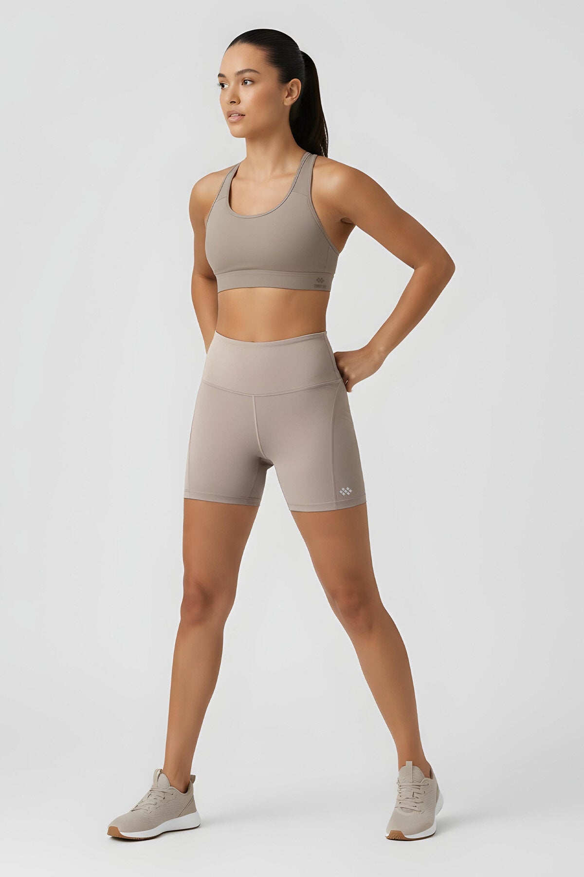 Koyu Bej Kemer Detaylı Yüksek Bel Slim Fit Kısa Biker Kadın Tayt - 91017