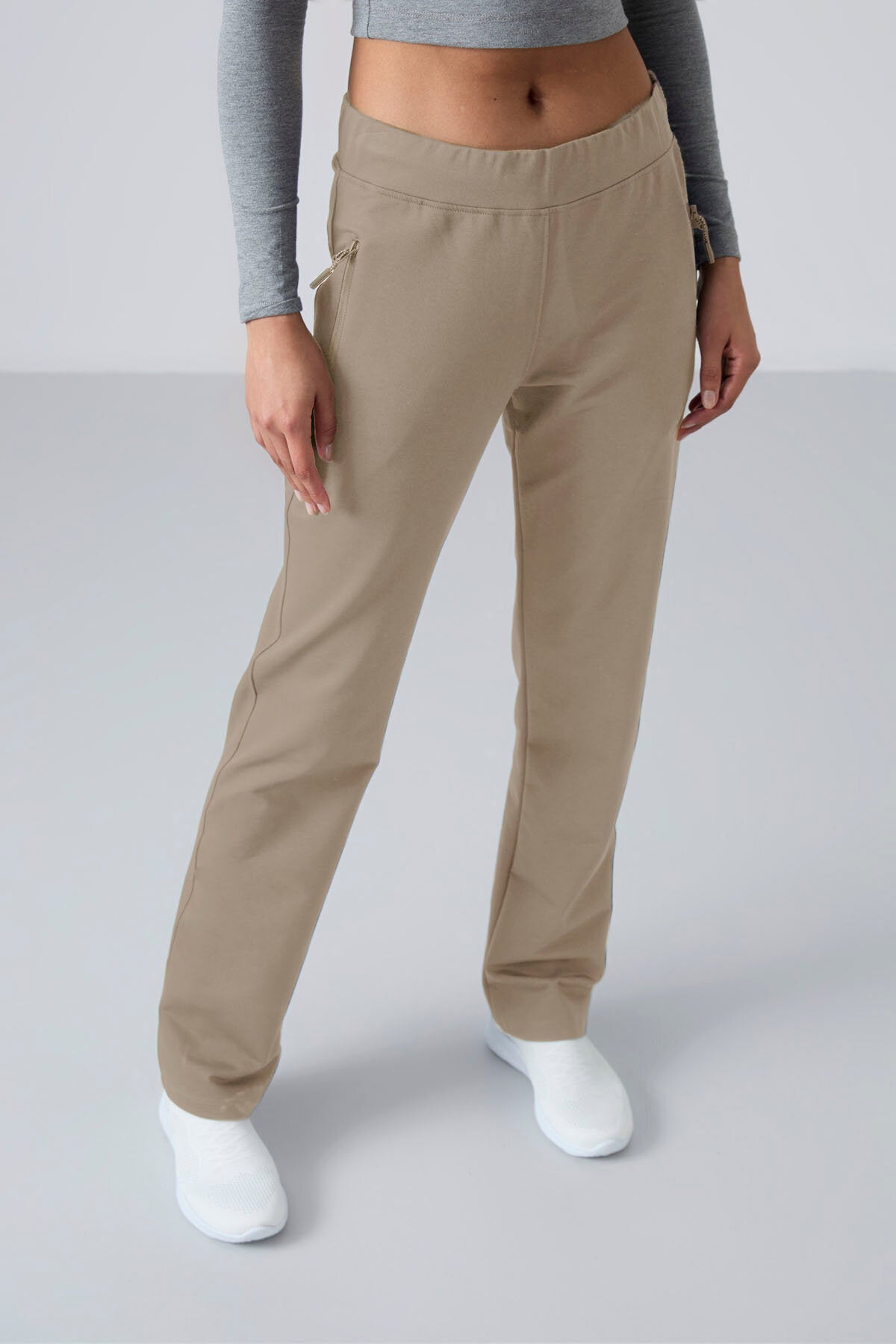 Koyu Bej Fermuar Cepli Rahat Form Klasik Paça Kadın Eşofman Alt - 94195