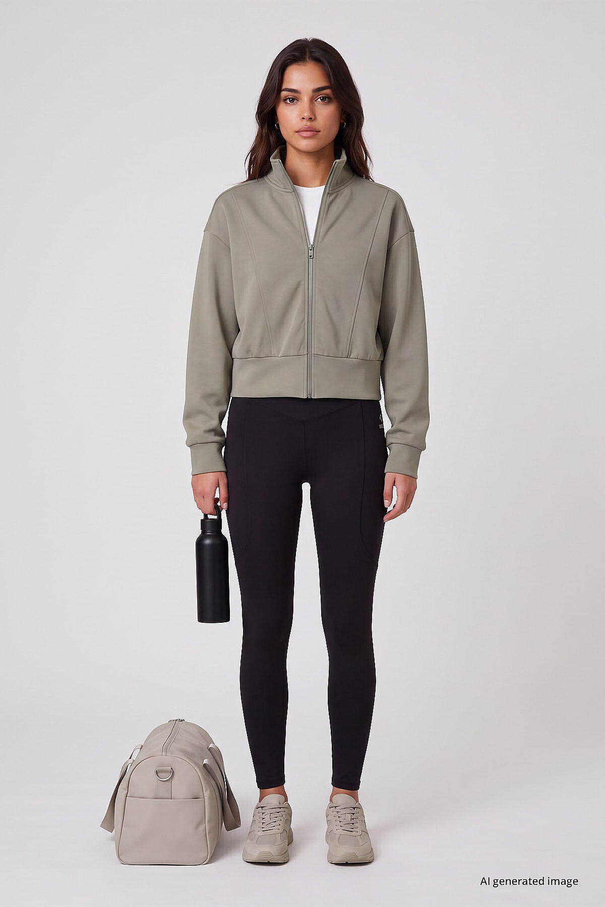 Koyu Bej Dik Yaka Standart Kalıp Crop Kadın Sweatshirt - 97317