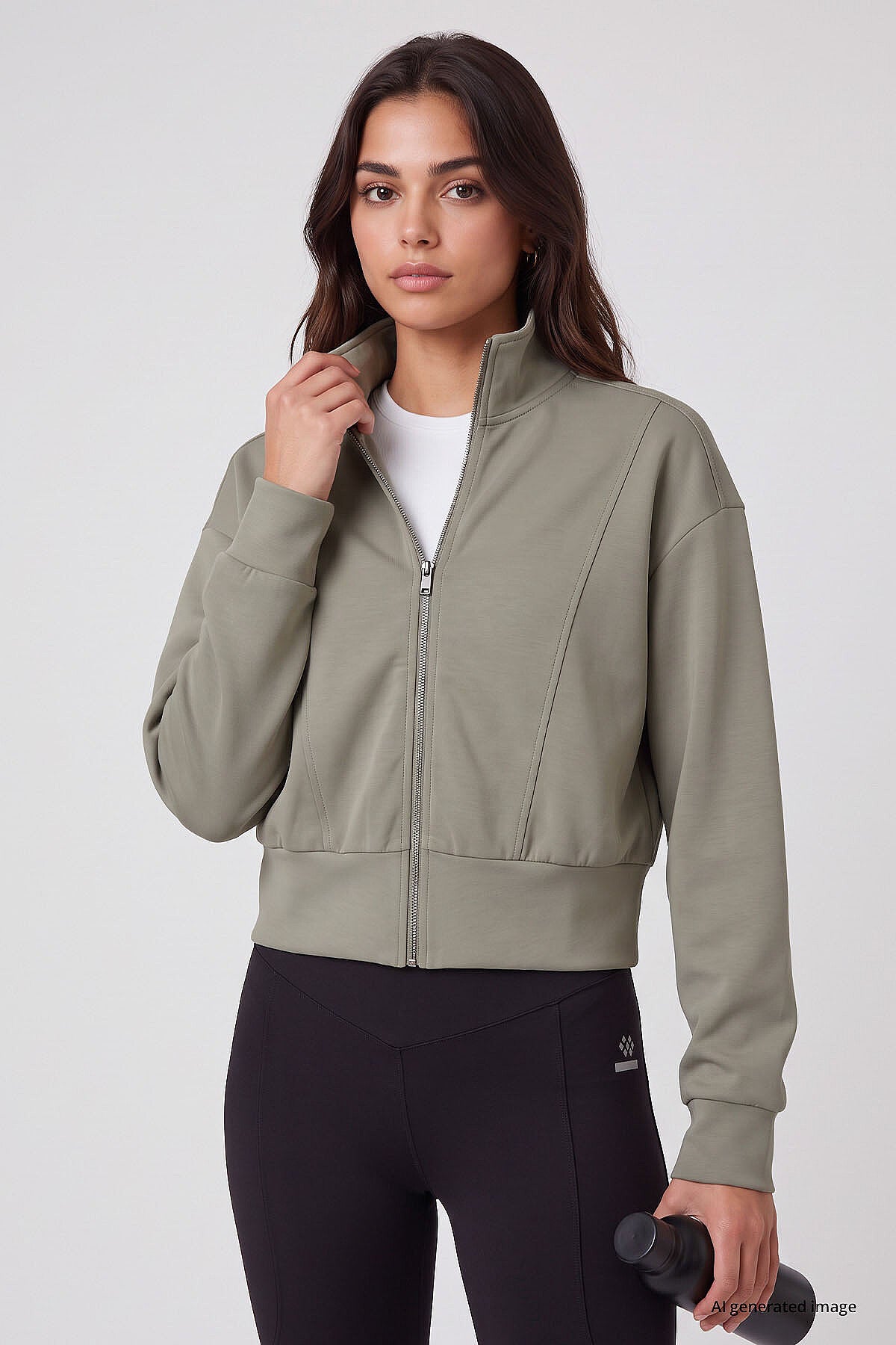 Koyu Bej Dik Yaka Standart Kalıp Crop Kadın Sweatshirt - 97317