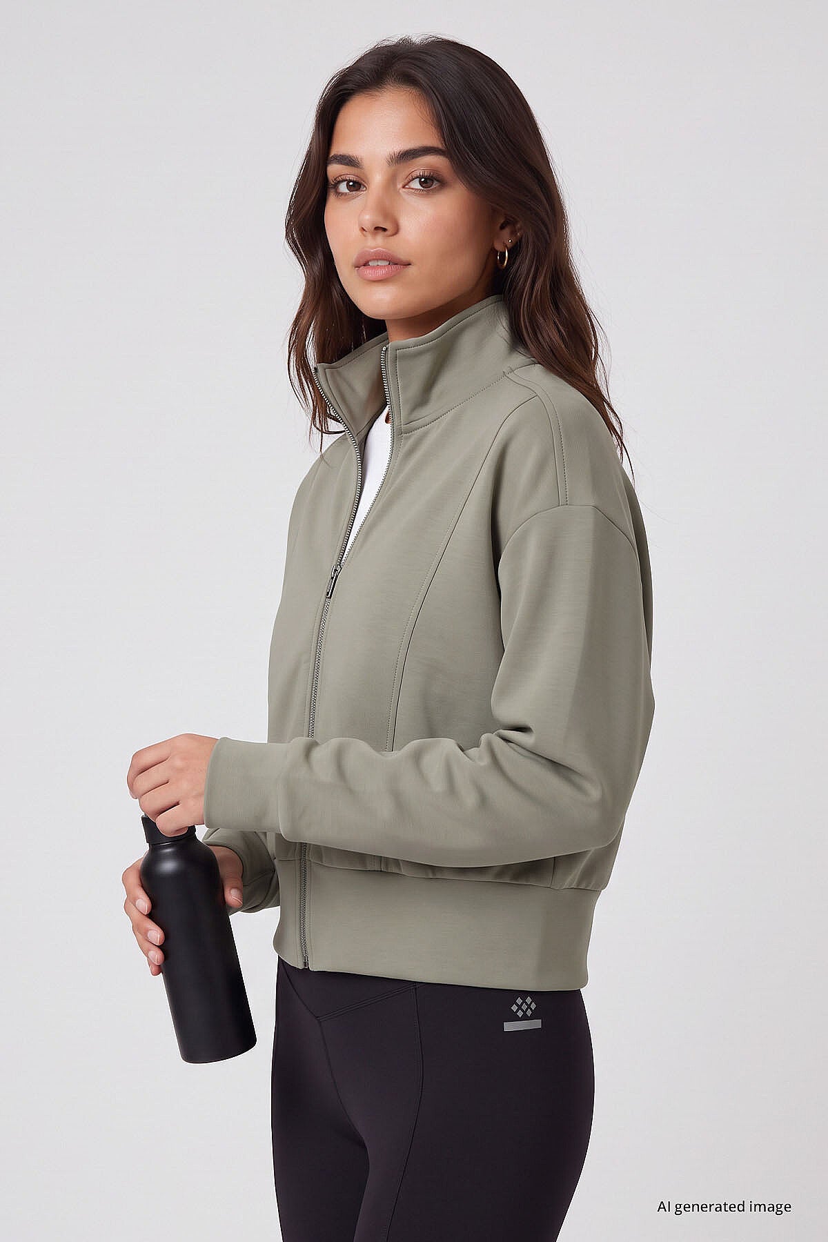 Koyu Bej Dik Yaka Standart Kalıp Crop Kadın Sweatshirt - 97317
