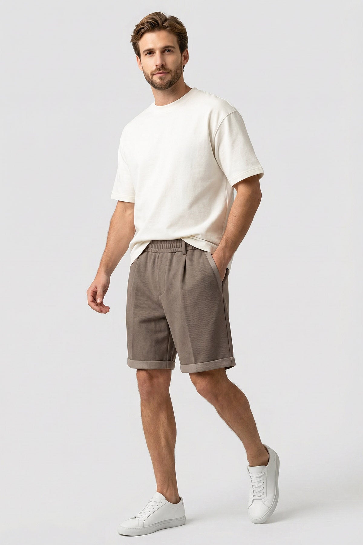 Koyu Bej Oversize Fit Basic Kemer Detaylı Erkek Şort - 81285