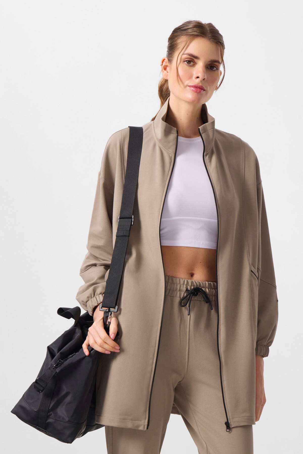 Koyu Bej Dik Yaka Fermuarlı Rahat Form Kadın Eşofman Tunik Takım - 95345