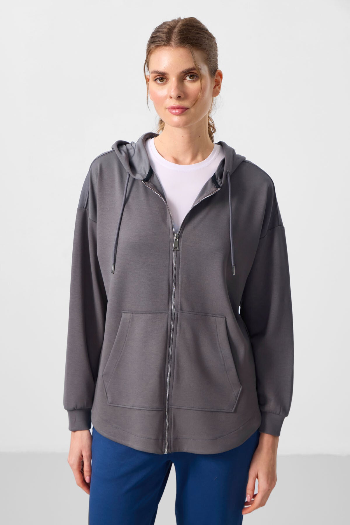 Koyu Gri Yumuşak Dokulu Kapüşonlu Oversize Kadın Tunik Sweatshirt - 97302