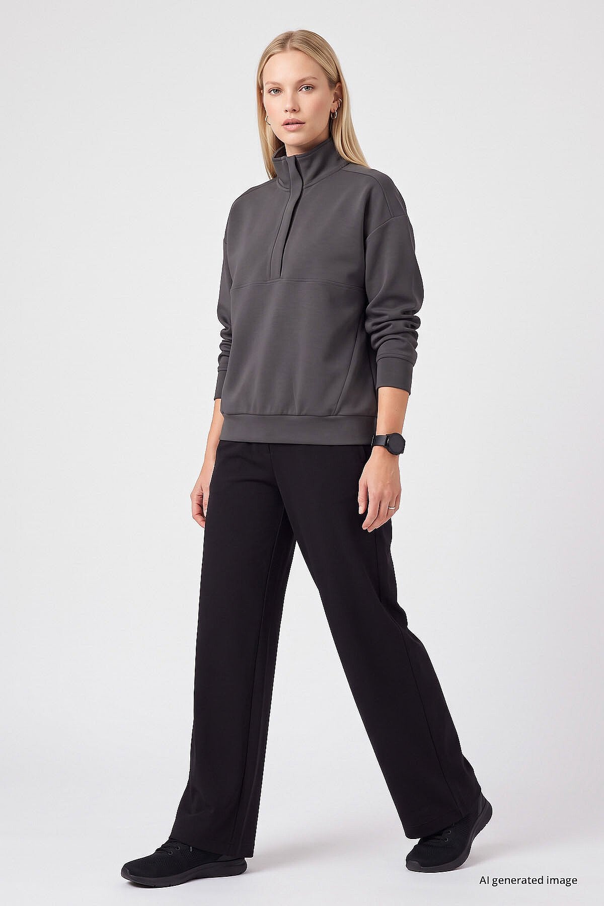 Koyu Gri Dik Yaka Fermuarlı Rahat Form Kadın Sweatshirt - 97314