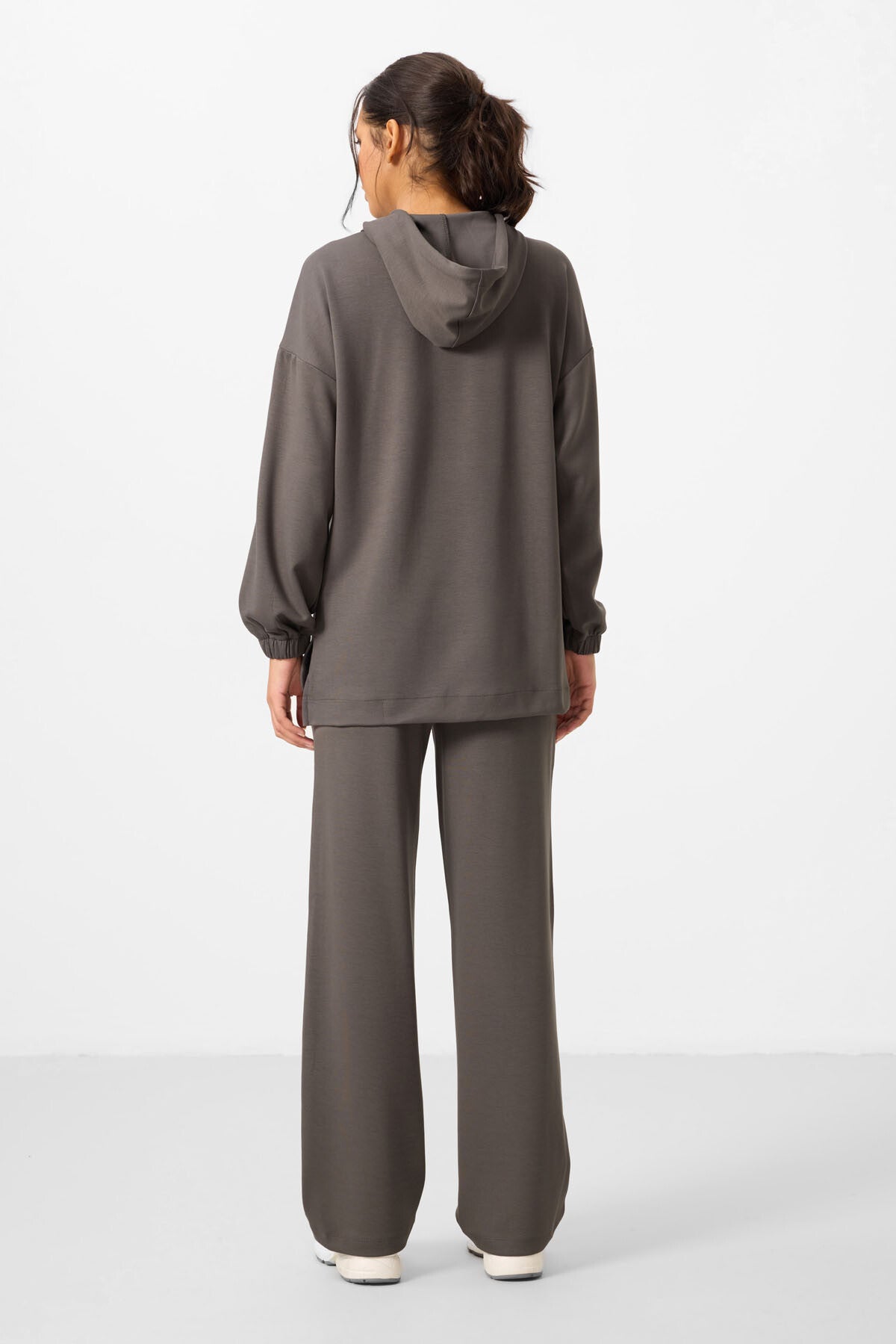 Koyu Gri Yumuşak Dokulu Kapüşonlu Oversize Kadın Eşofman Tunik Takım - 95348