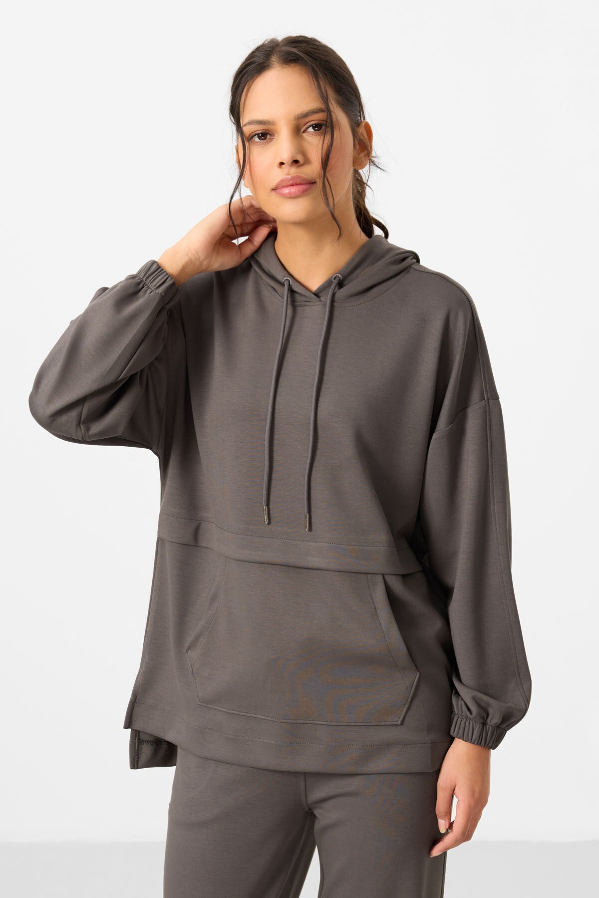 Koyu Gri Yumuşak Dokulu Kapüşonlu Oversize Kadın Eşofman Tunik Takım - 95348