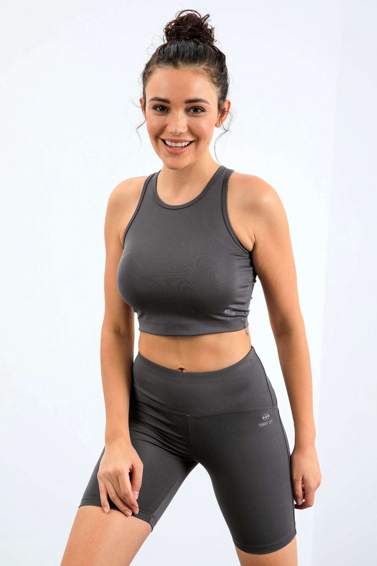 Koyu Gri Yüksek Bel Toparlayıcı Dar Kalıp Crop Biker Kadın Tayt Takım - 95302