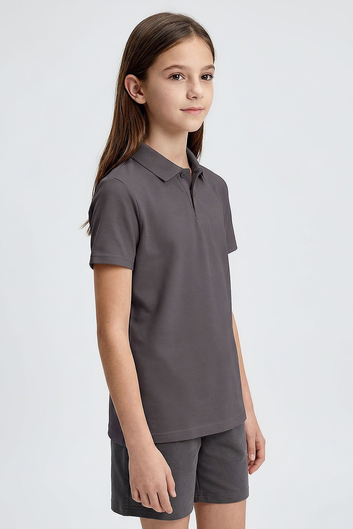Koyu Gri Polo Yaka Standart Fit Basic Unisex Çocuk T-Shirt - 11330