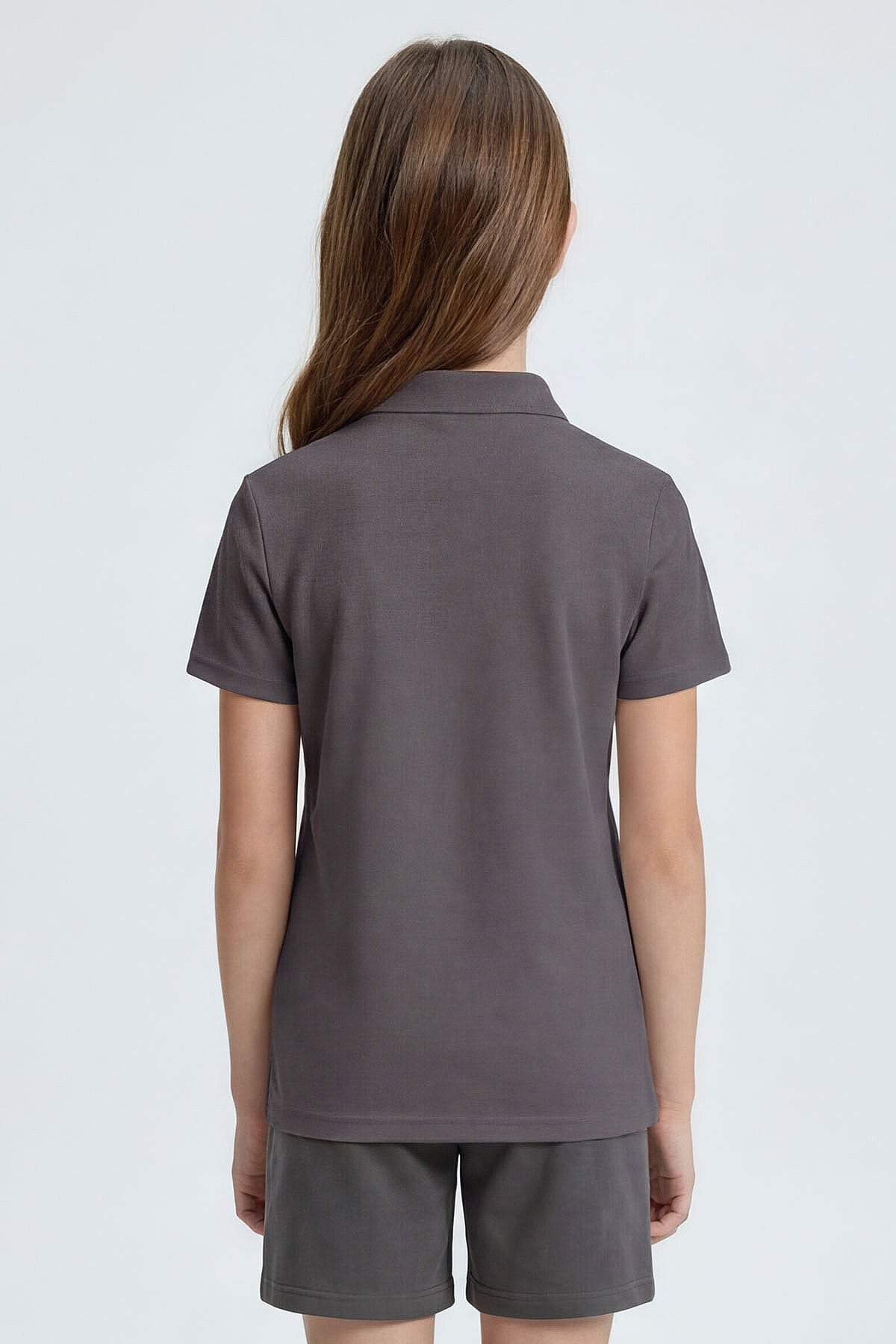 Koyu Gri Polo Yaka Standart Fit Basic Unisex Çocuk T-Shirt - 11330