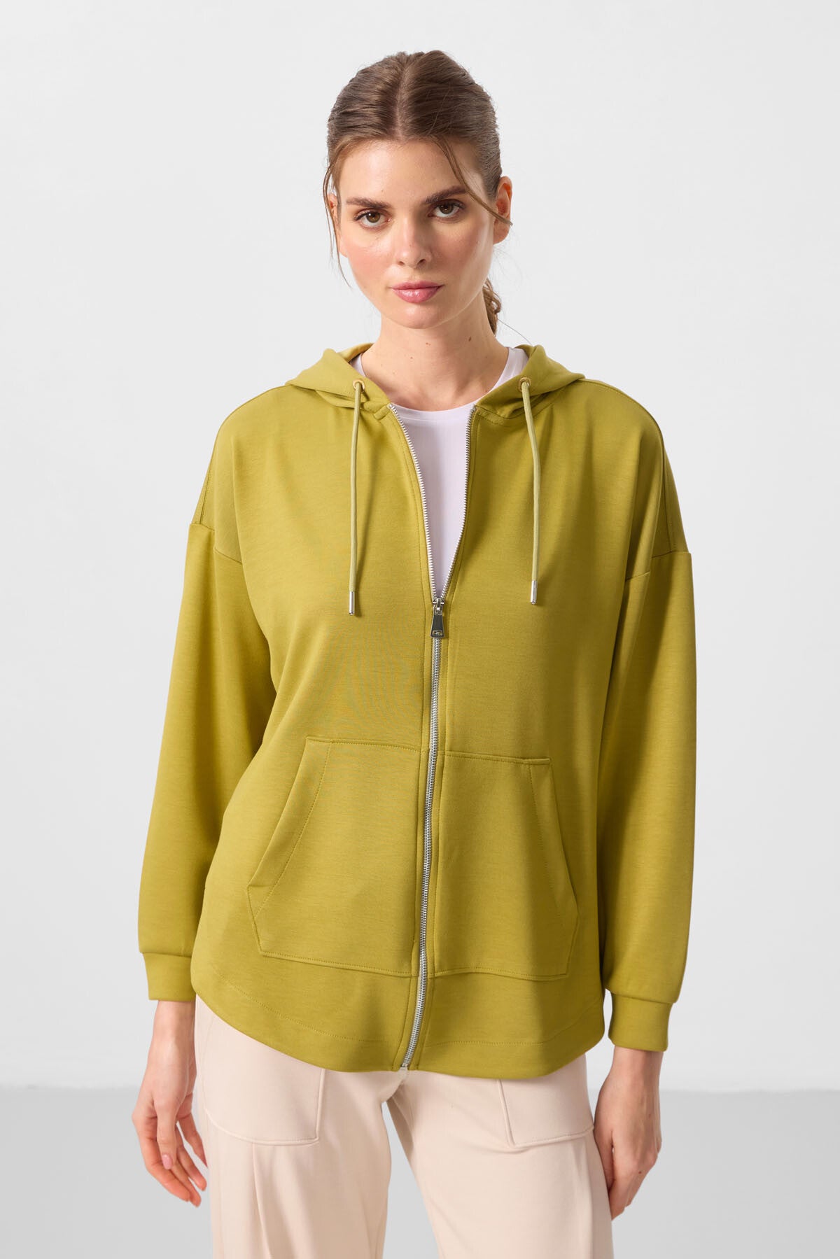 Koyu Hardal Yumuşak Dokulu Kapüşonlu Oversize Kadın Tunik Sweatshirt - 97302