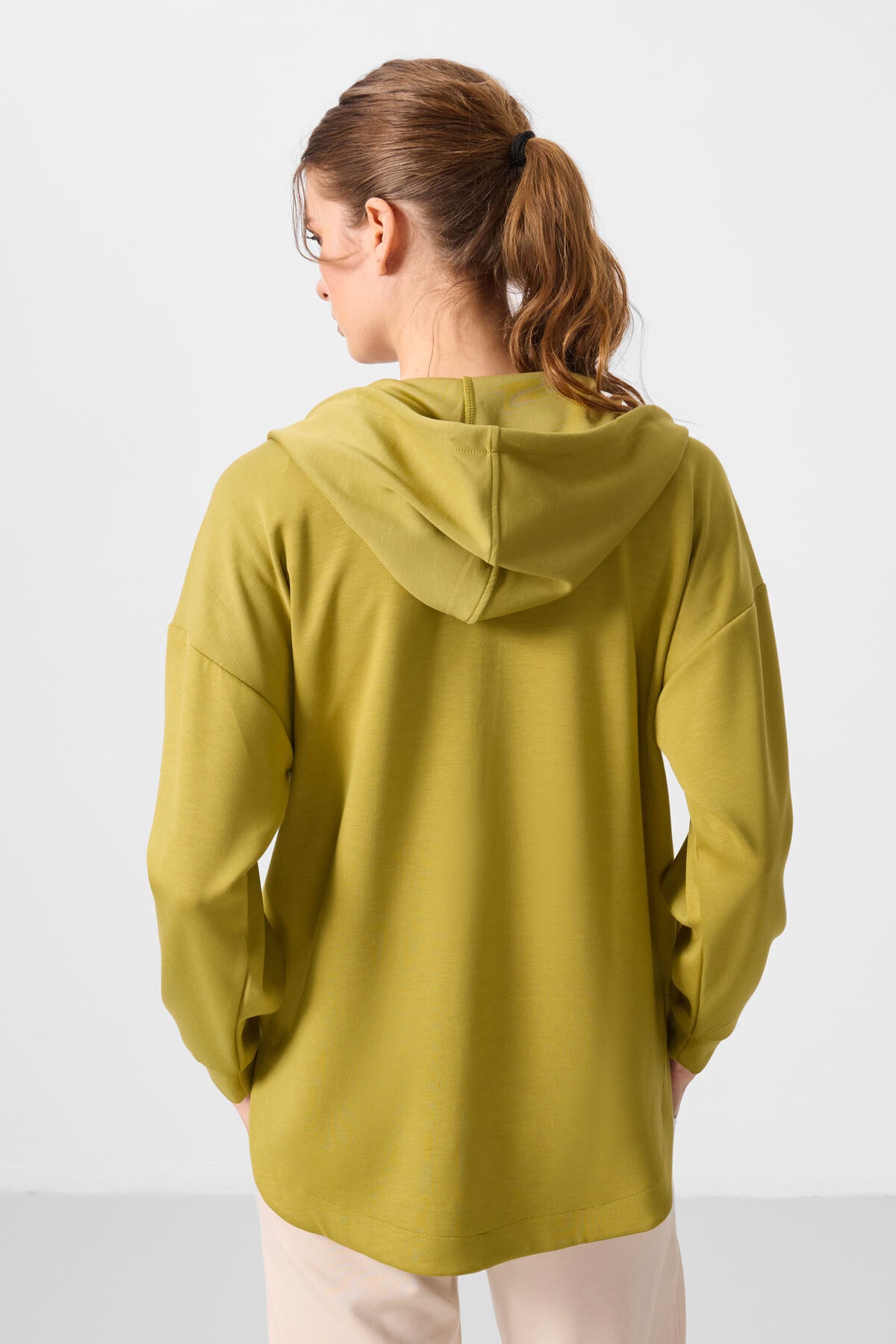 Koyu Hardal Yumuşak Dokulu Kapüşonlu Oversize Kadın Tunik Sweatshirt - 97302