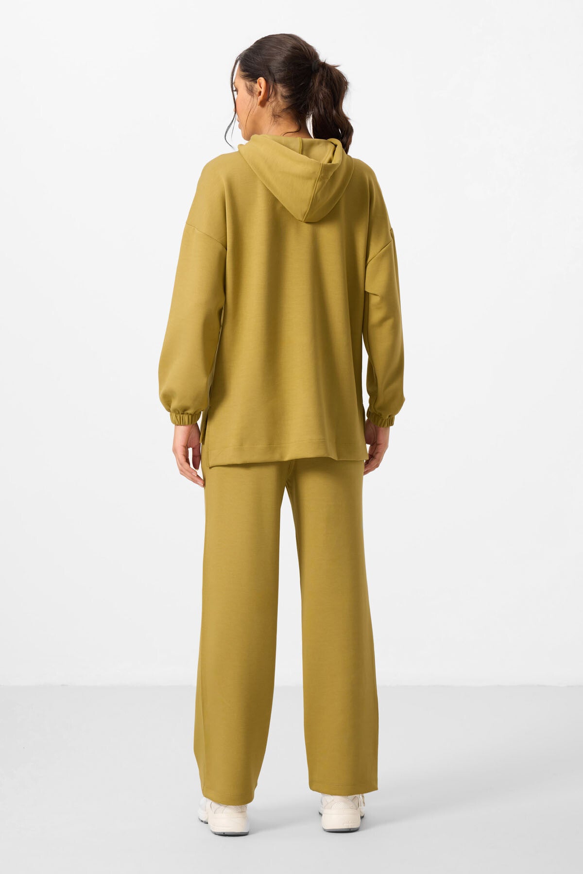 Koyu Hardal Yumuşak Dokulu Kapüşonlu Oversize Kadın Eşofman Tunik Takım - 95348