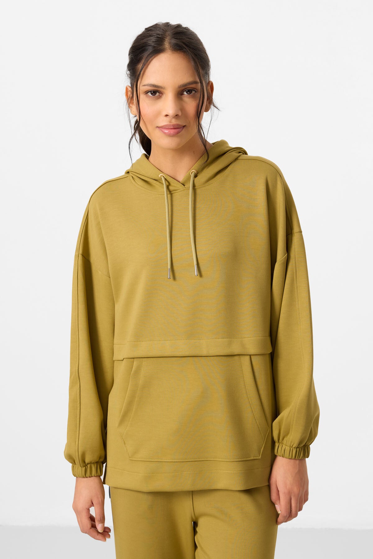 Koyu Hardal Yumuşak Dokulu Kapüşonlu Oversize Kadın Eşofman Tunik Takım - 95348