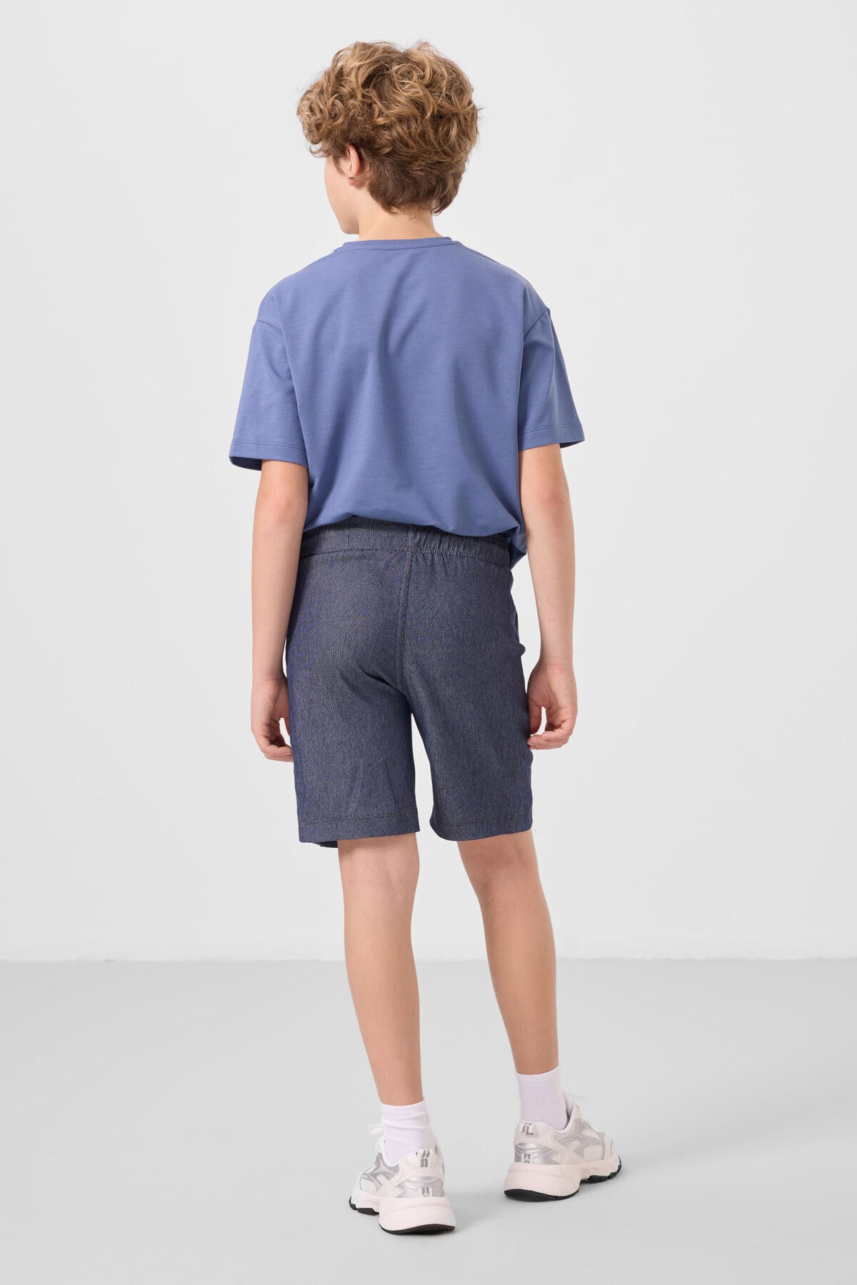 Koyu Mavi-Kot Lacivert Pamuklu Oversize Fit Dokuma Hafif Esnek Chino Erkek Çocuk Şort Takım - 11275