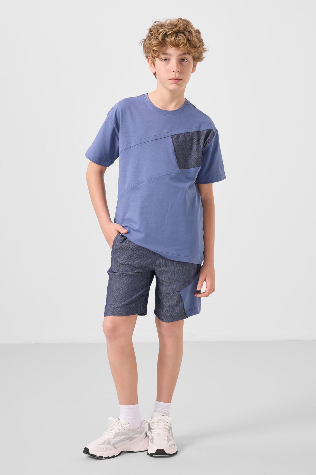 Koyu Mavi-Kot Lacivert Pamuklu Oversize Fit Dokuma Hafif Esnek Chino Erkek Çocuk Şort Takım - 11275