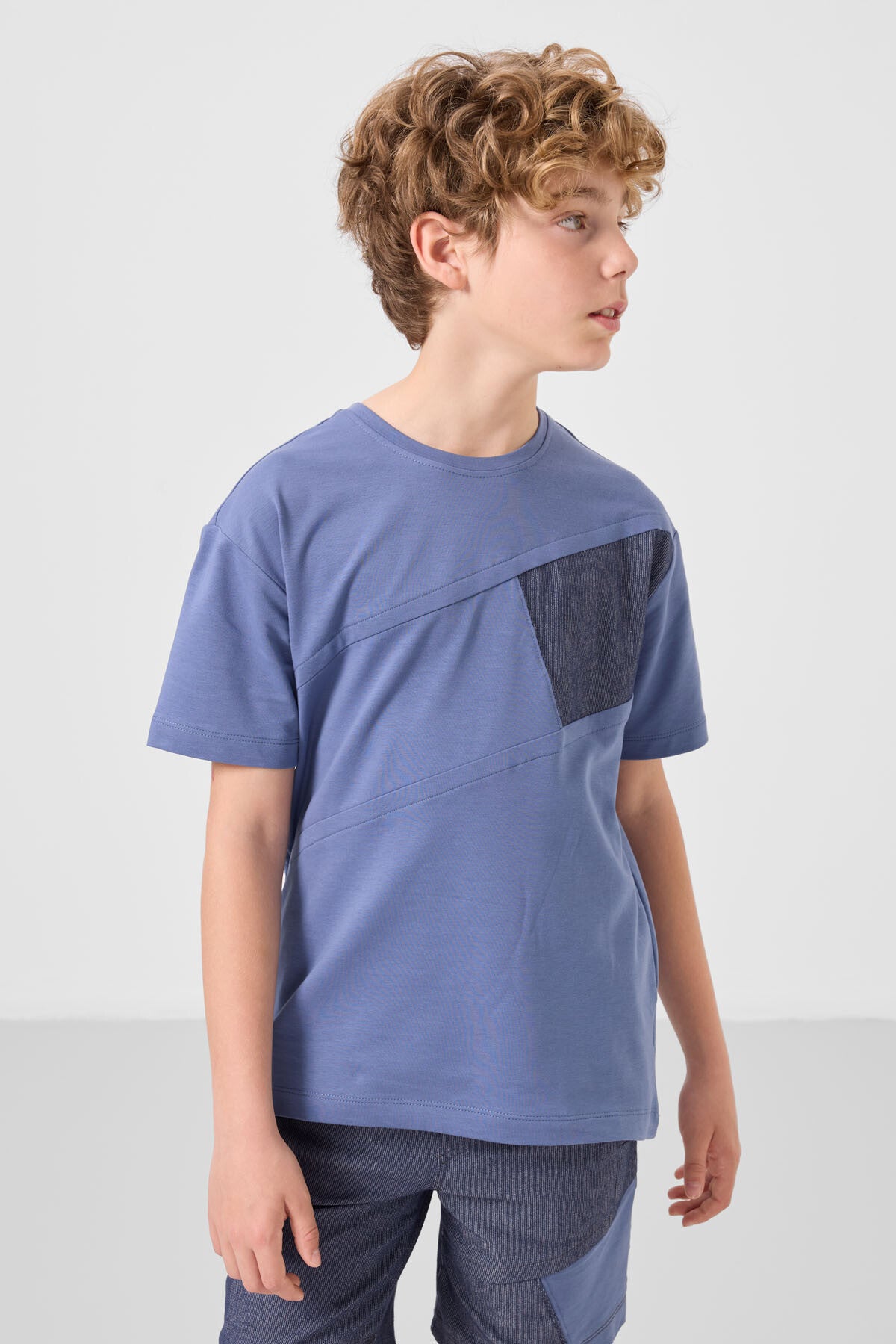 Koyu Mavi-Kot Lacivert Pamuklu Oversize Fit Dokuma Hafif Esnek Chino Erkek Çocuk Şort Takım - 11275