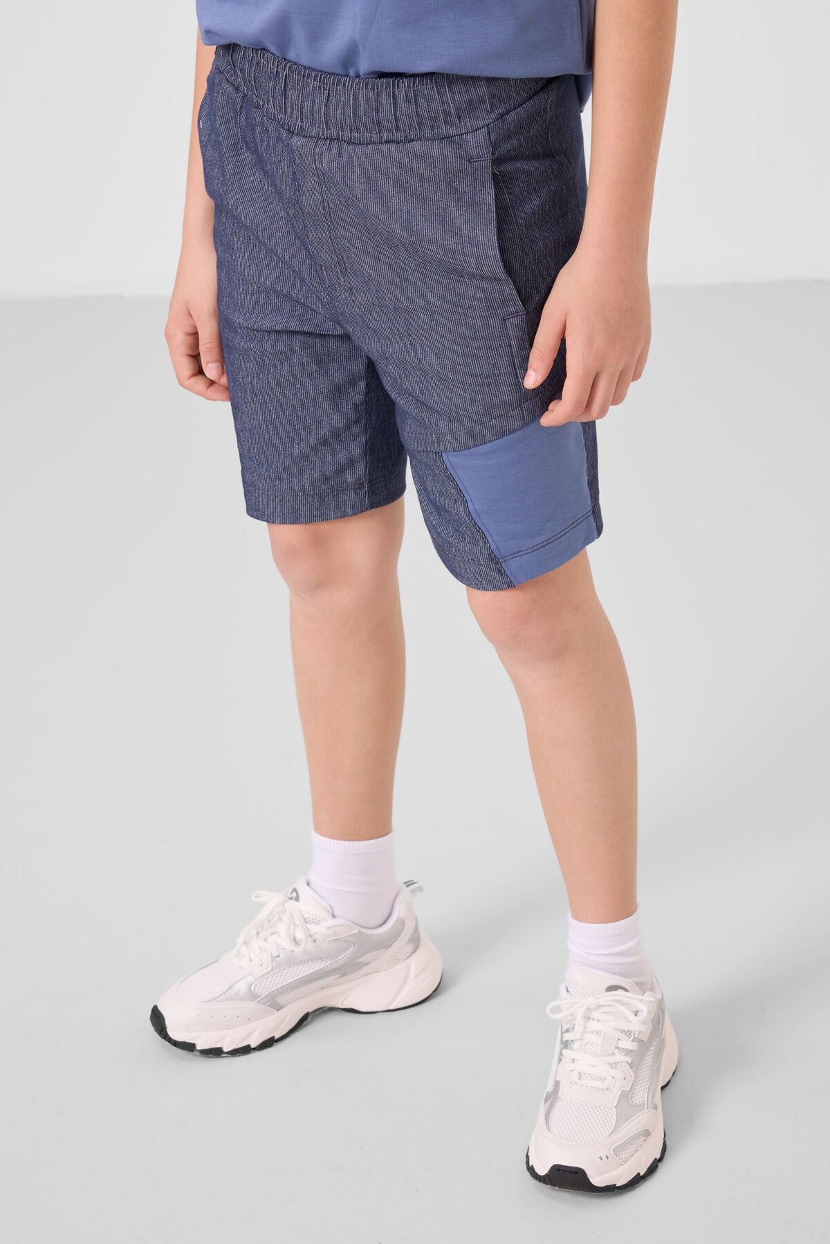 Koyu Mavi-Kot Lacivert Pamuklu Oversize Fit Dokuma Hafif Esnek Chino Erkek Çocuk Şort Takım - 11275