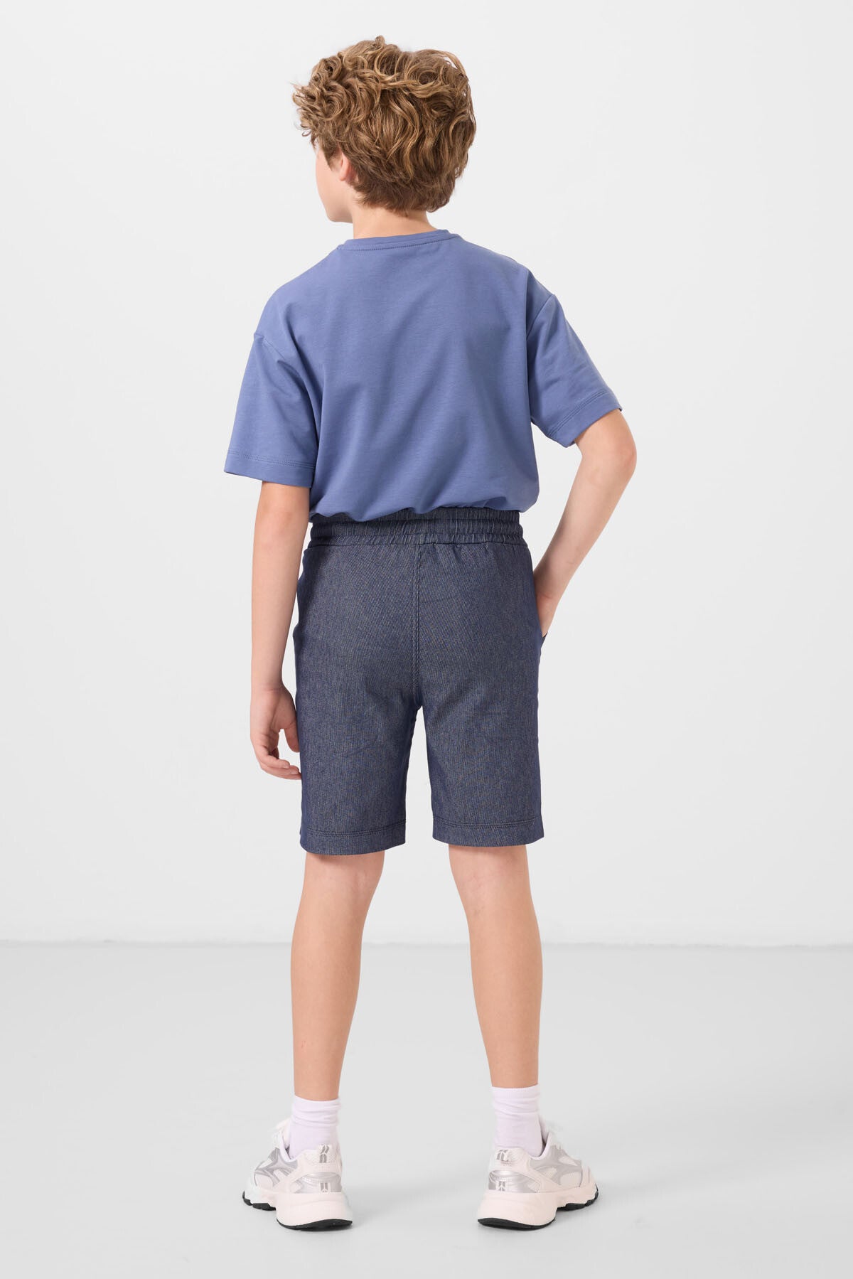 Koyu Mavi-Kot Lacivert Pamuklu Oversize Fit Dokuma Hafif Esnek Chino Erkek Çocuk Şort Takım - 11279