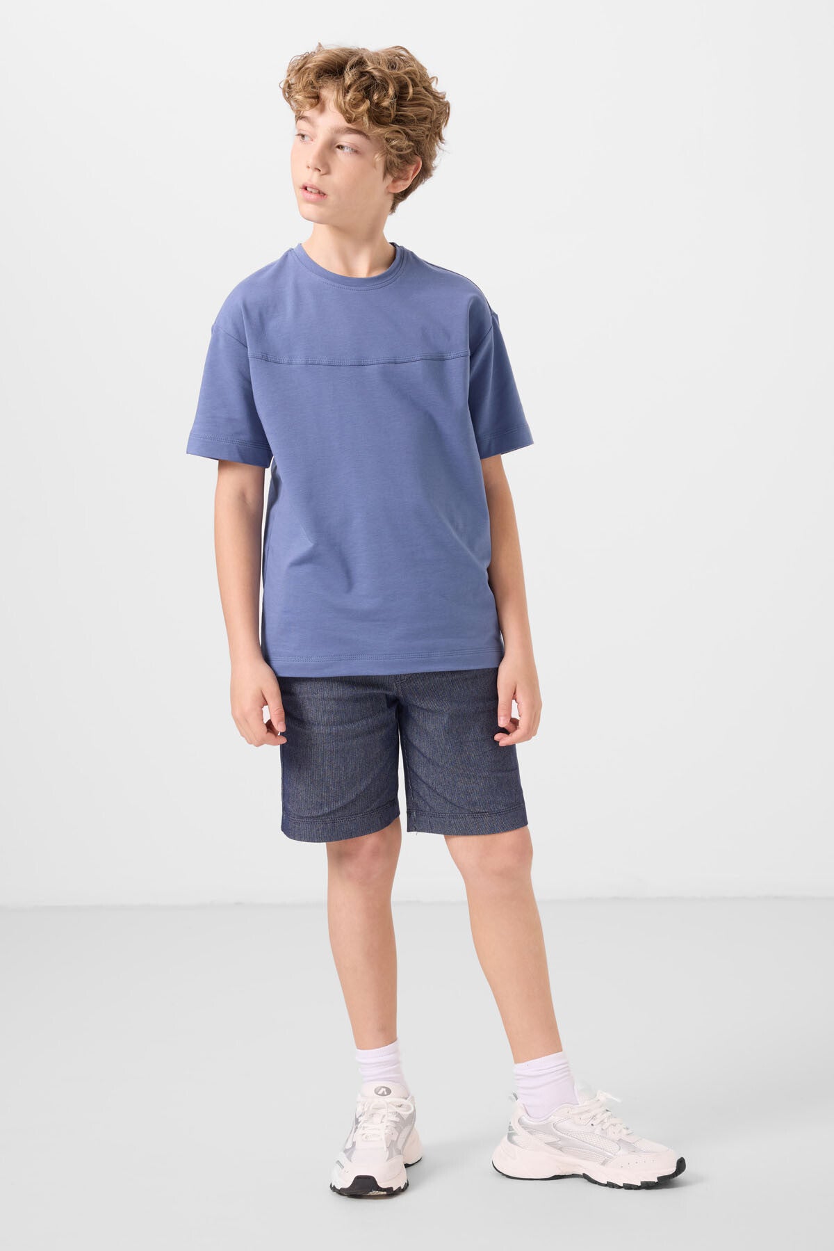 Koyu Mavi-Kot Lacivert Pamuklu Oversize Fit Dokuma Hafif Esnek Chino Erkek Çocuk Şort Takım - 11279