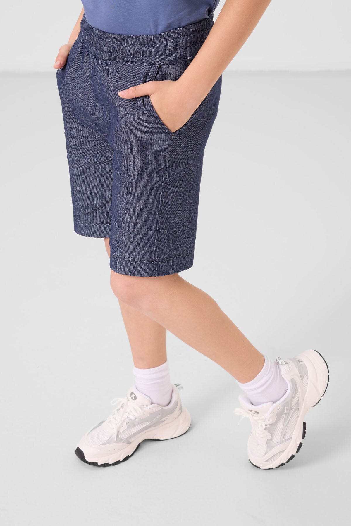 Koyu Mavi-Kot Lacivert Pamuklu Oversize Fit Dokuma Hafif Esnek Chino Erkek Çocuk Şort Takım - 11279