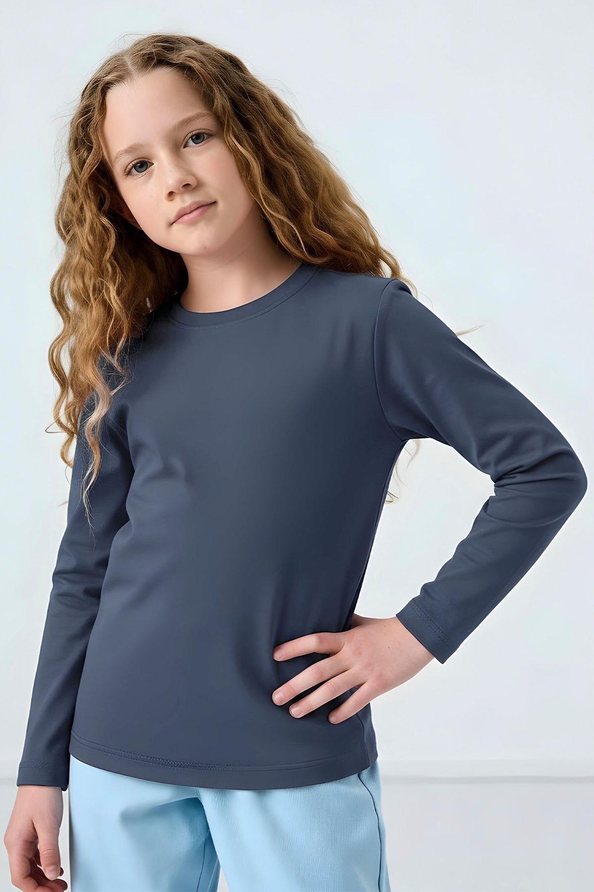 Koyu Mavi O Yaka Standart Fit Basic Uzun Kollu Unisex Çocuk T-Shirt - 11329