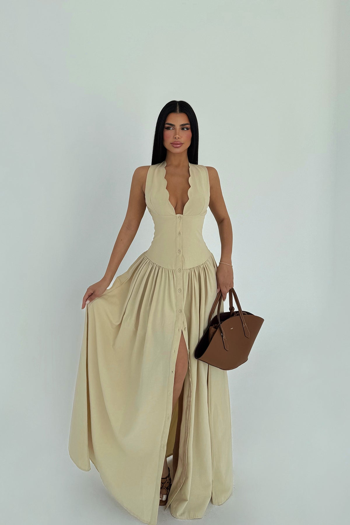 Krem Emilie Uzun Elbise ATE-2341