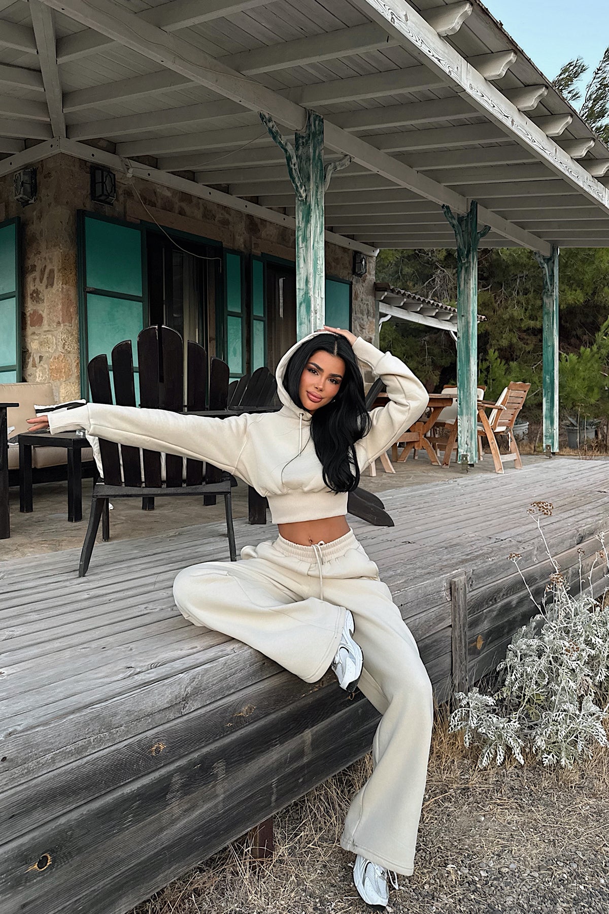 Krem Scarf Kapşonlu Eşofman Takım ATE-3695