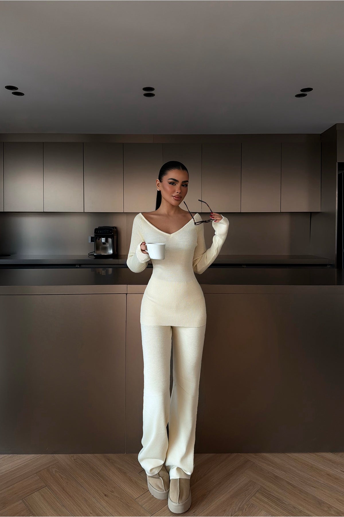 Krem Bowie triko takım ATE-4273