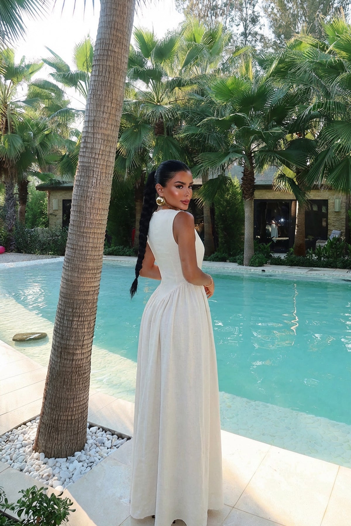 Krem Cecily Keten Uzun Elbise ATE-3361