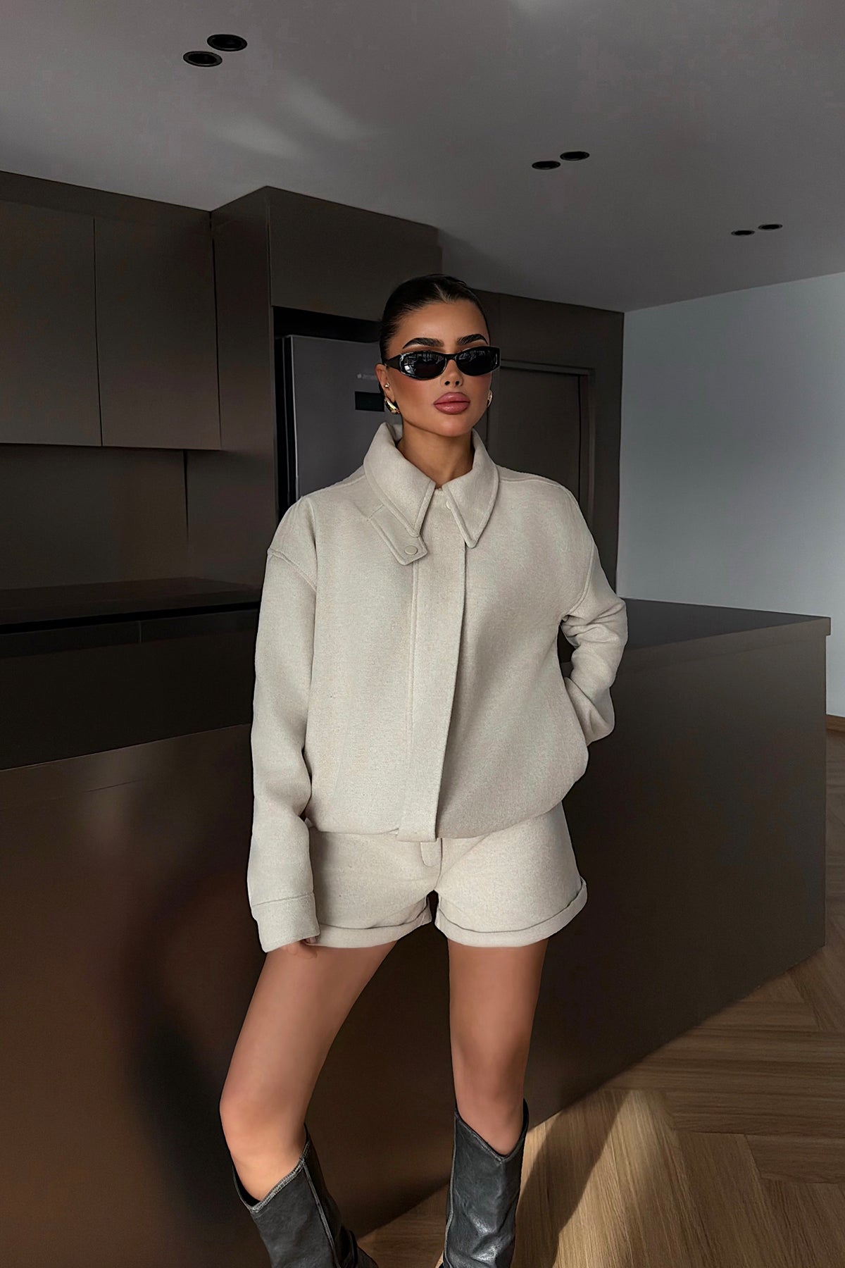 Krem Marner Şort Ceket Takım ATE-4487