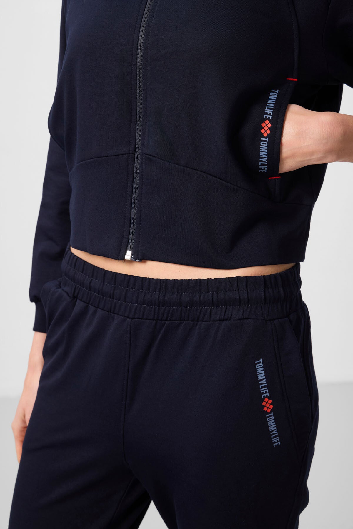 Lacivert Kapüşonlu Fermuarlı Oversize Kadın Eşofman Takım - 95328