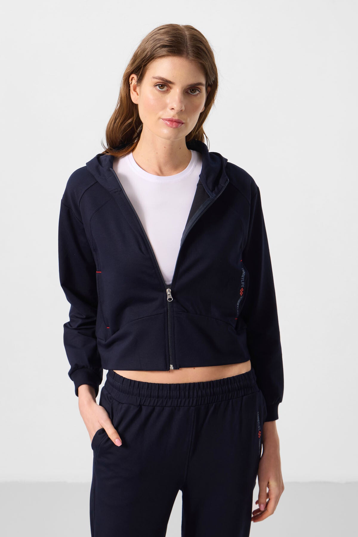 Lacivert Kapüşonlu Fermuarlı Oversize Kadın Eşofman Takım - 95328