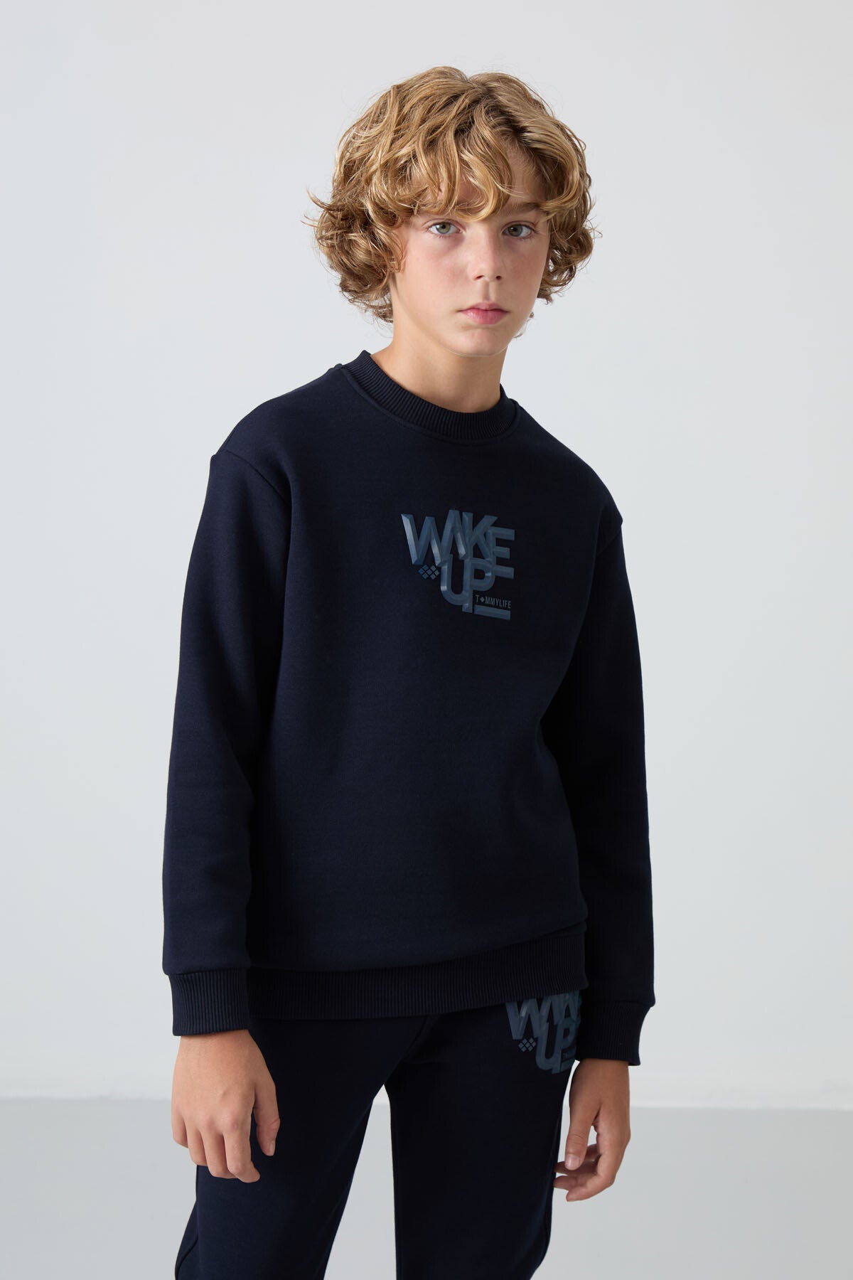 Lacivert Pamuklu Kalın İçi Tüylü Standart Fit Baskılı Erkek Çocuk Eşofman Takım - 11253