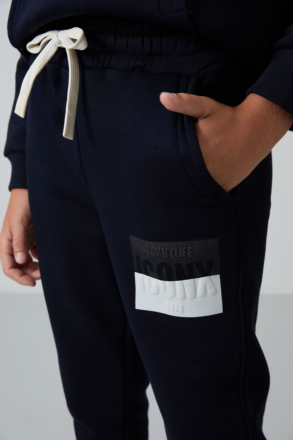 Lacivert Pamuklu Kalın İçi Tüylü Standart Fit Baskılı Erkek Çocuk Eşofman Takım - 11246