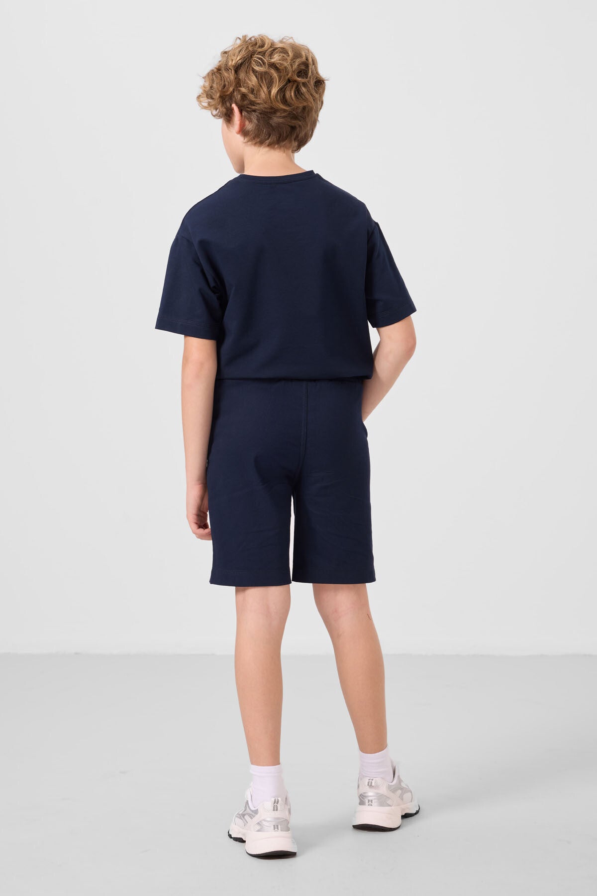 Lacivert Pamuklu Oversize Fit Dokuma Hafif Esnek Chino Erkek Çocuk Şort Takım - 11279